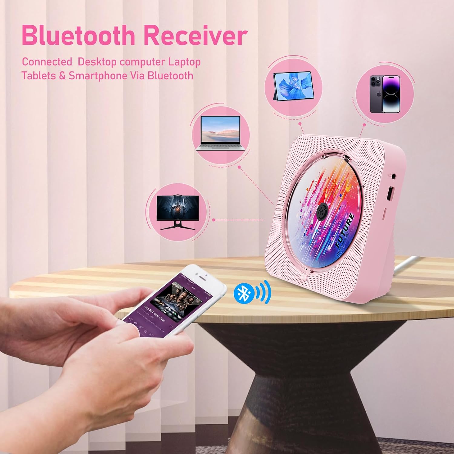 Thumbnail 2 de ZYOKATA KC718 Pink Portable CD Player with Bluetooth 5.1 and FM Radio