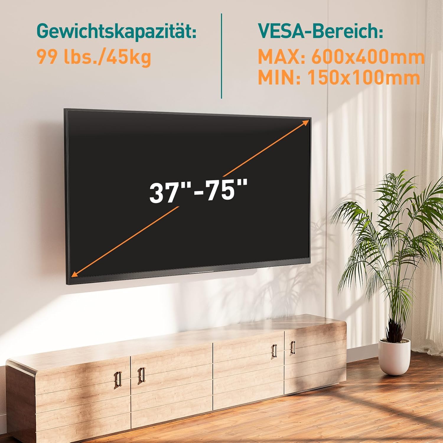 Detalle de ELIVED TV-Wandhalterung EV1036 mit extra langem Gelenkarm (813 mm) für 37–75" bis 45 kg, neigbar, schwenk- und drehbar