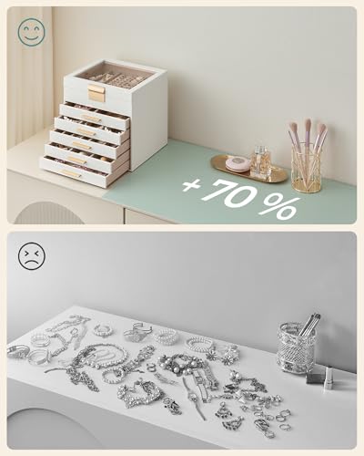 Detalle de SONGMICS Colección GISELLA: Caja de Joyas JBC176W01, 6 Niveles y 45 Compartimentos en Blanco Nube y Dorado