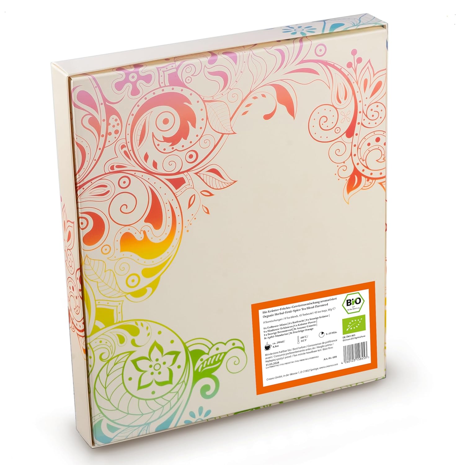Detalle 2 de Creano Bio Früchtetee & Kräutertee Geschenkset – 45 Bio-Teebeutel in 9 Sorten, koffeinfrei