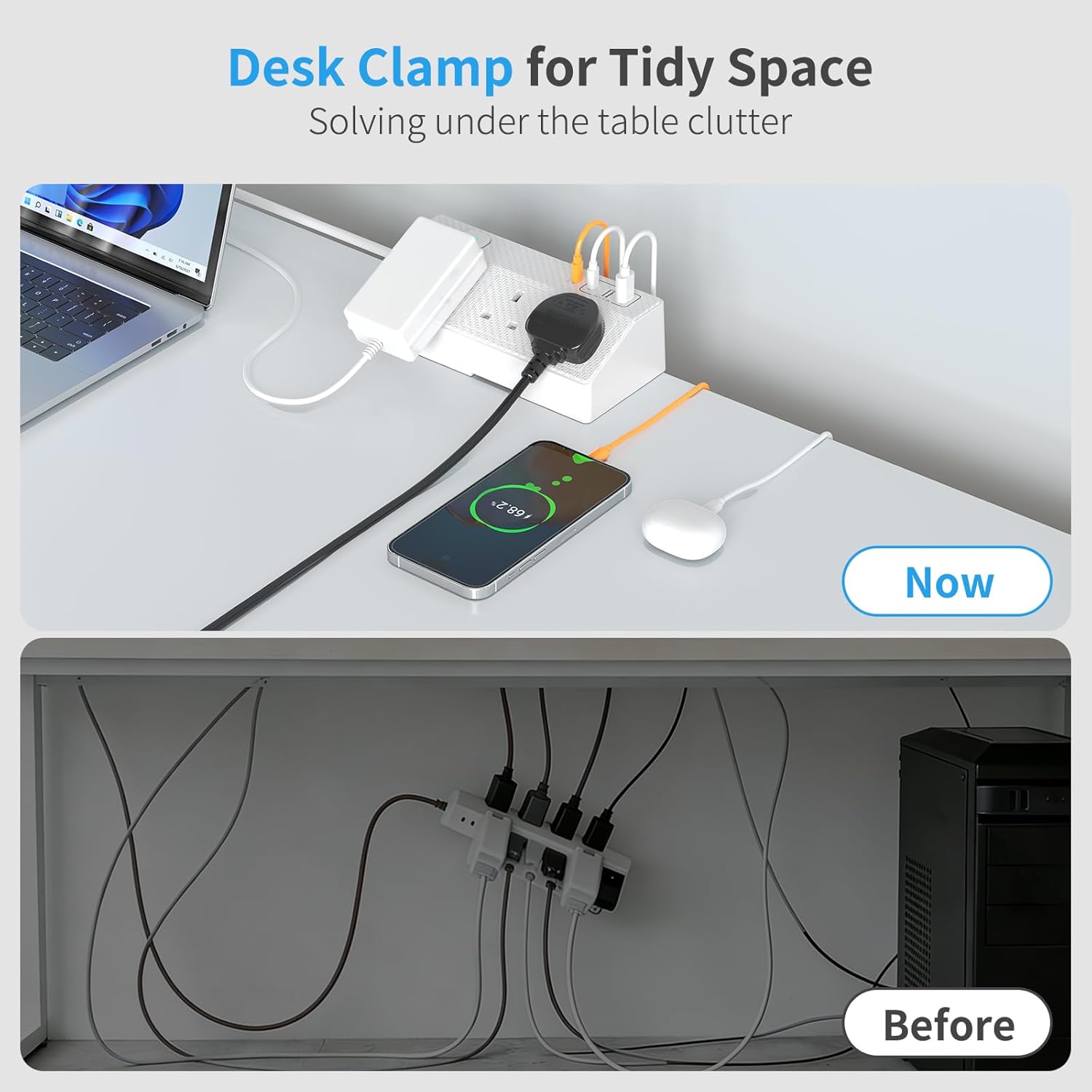 Thumbnail 4 de HAFINO PD 20W Desk Power Socket with USB-C slots and USB-A ports (7-in-1), 2m extension lead with clamp, White