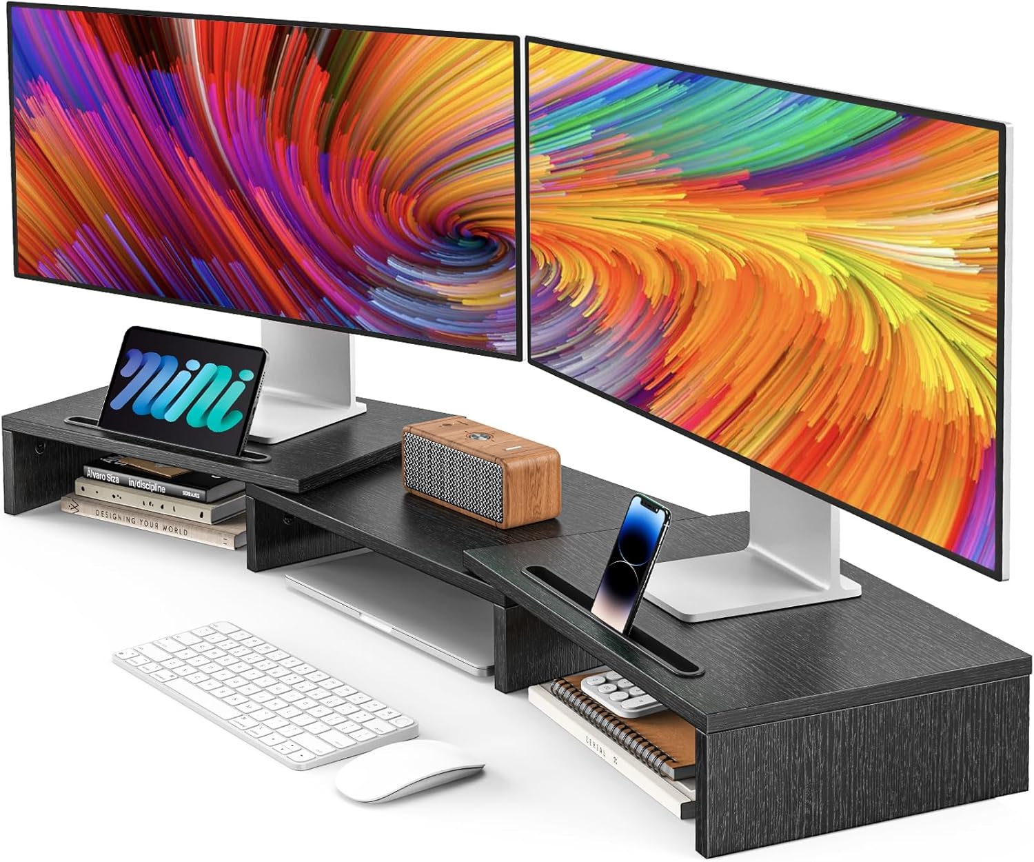 Detalle de AMERIERGO Dual-Monitorständer für 2 Monitore – verstellbarer Desktop-Standfuß mit integrierten Ablagen