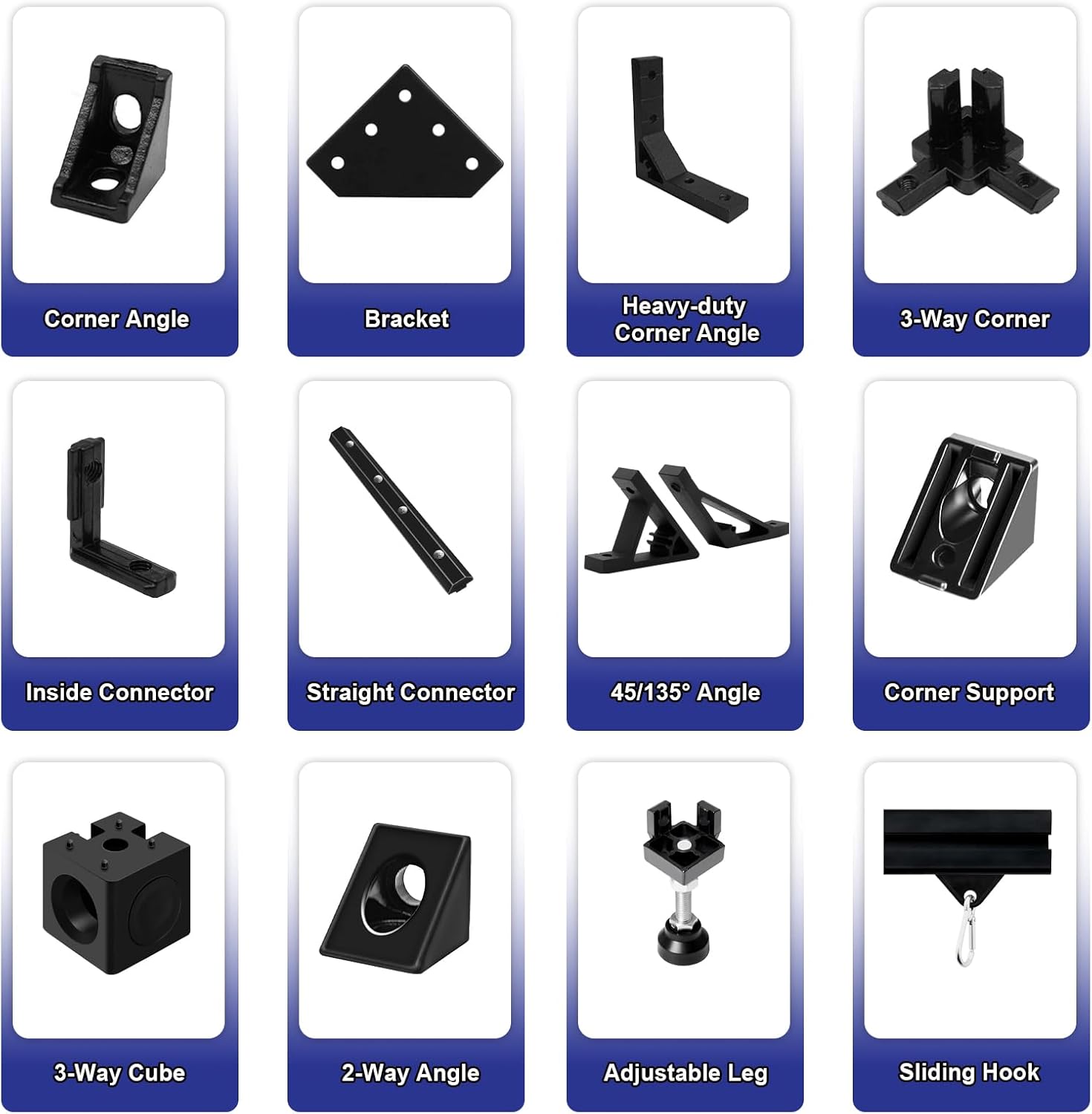 Detalle de iMetrx L‑Form 90° Innenwinkel für 20x20 Aluminiumprofil, 26 Stück Schwarz (V‑Typ/T‑Typ)