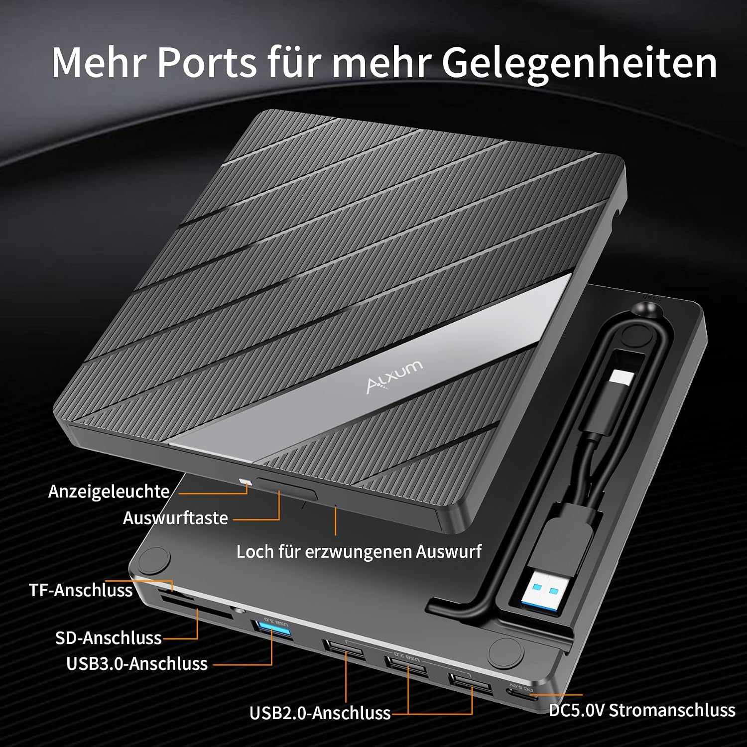 Detalle de Alxum externes DVD-Laufwerk (USB 3.0, Type-C) mit CD-Brenner, SD/TF-Kartenleser