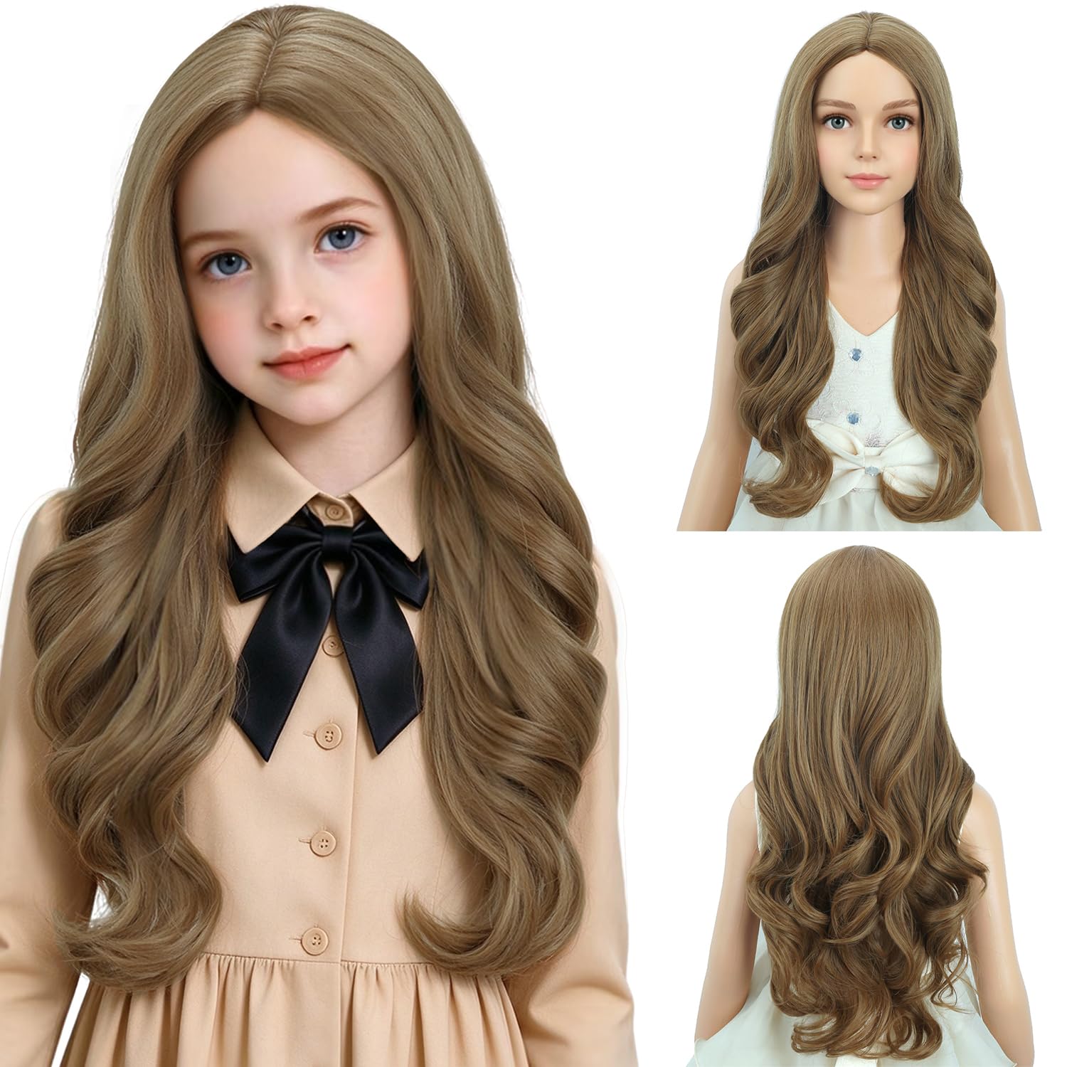 Detalle de PATTNIUM Kids Long Curly Synthetic Wig, Light Brown, Adjustable Cap