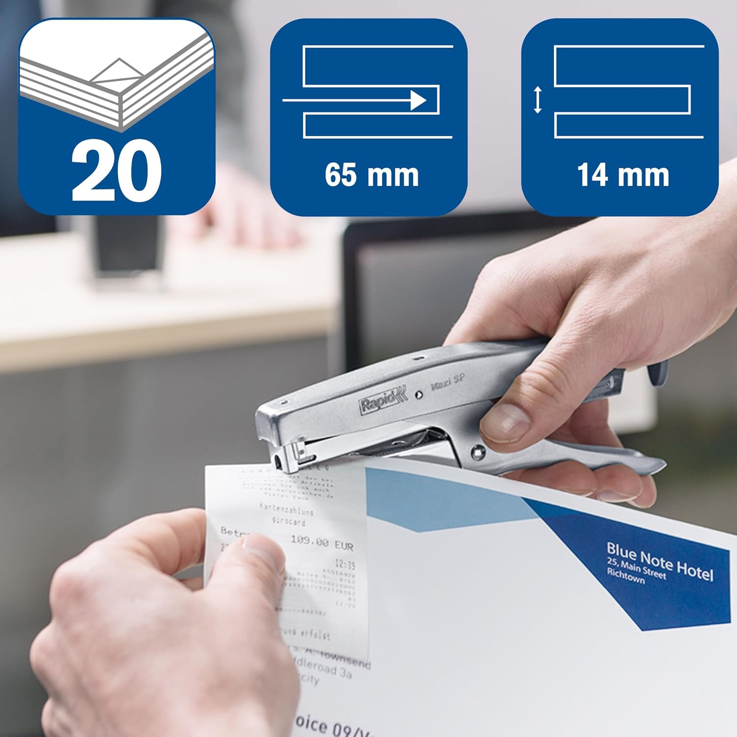 Detalle de Rapide et fiable: Pince agrafeuse Maxi SP Rapid – 20 feuilles, SP19/6, chrome mat