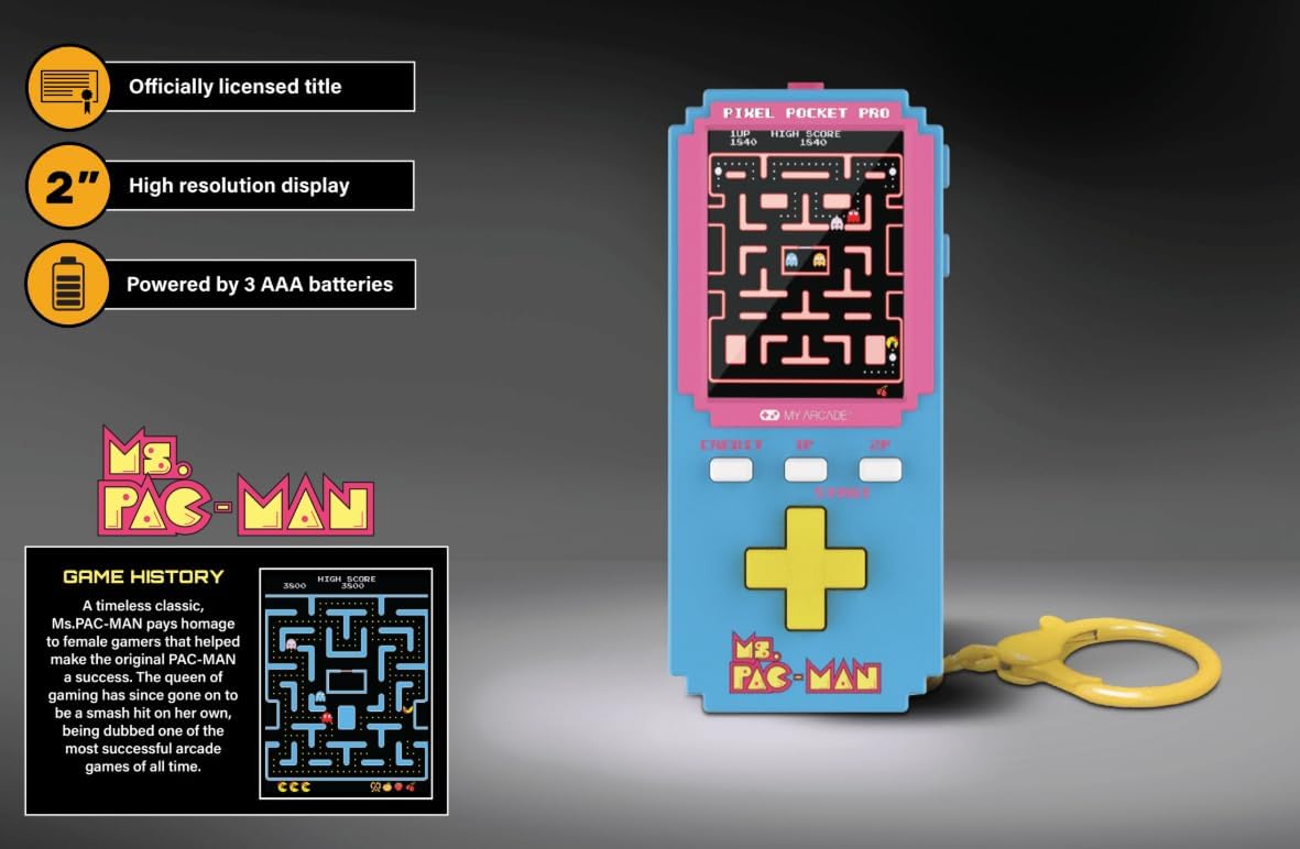 Detalle 1 de My Arcade ミズ・パックマン ピクセル 携帯用キーホルダー型ゲーム、縦型2インチカラー画面・2モード