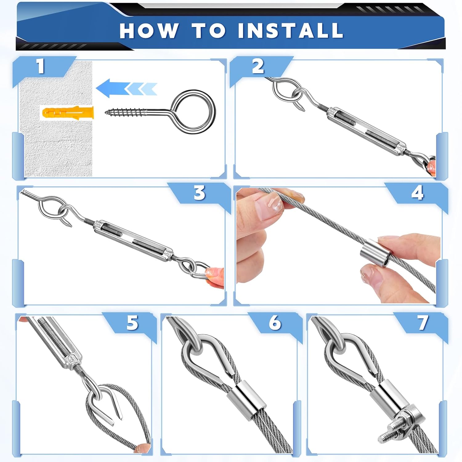 Detalle de Bridokit 50M 2mm Edelstahl Drahtseil-Set mit Befestigungsteilen – vielseitiges DIY-Kit
