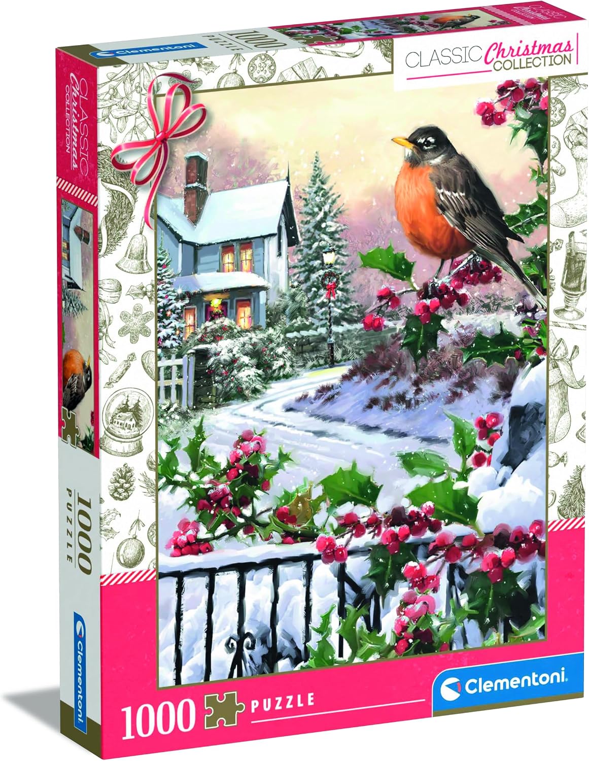 Detalle de Clementoni „Robin and Holly Bushes“ – Puzzle für Erwachsene mit 1.000 Teilen (70 x 50 cm) – Weihnachtsmotiv 81501