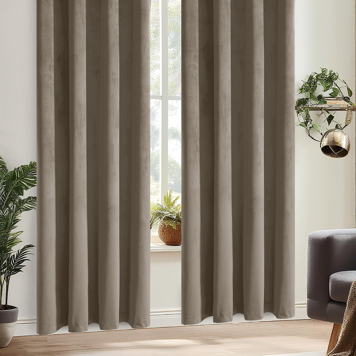Thumbnail 1 de DWCN Rideau Velours 140x145cm Lot de 2 Taupe