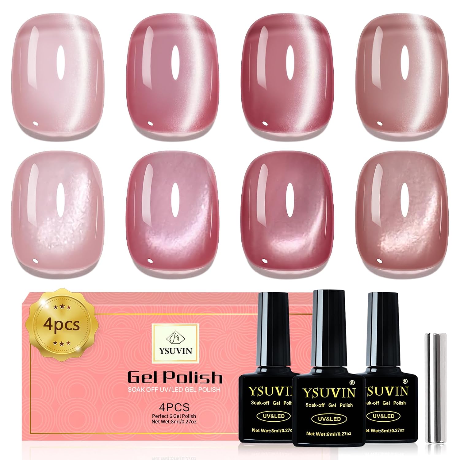 Detalle de YSUVIN UV Nagellack Cat Eye – 4 Rosé-Töne mit Magnet-Effekt, 8 ml pro Flasche