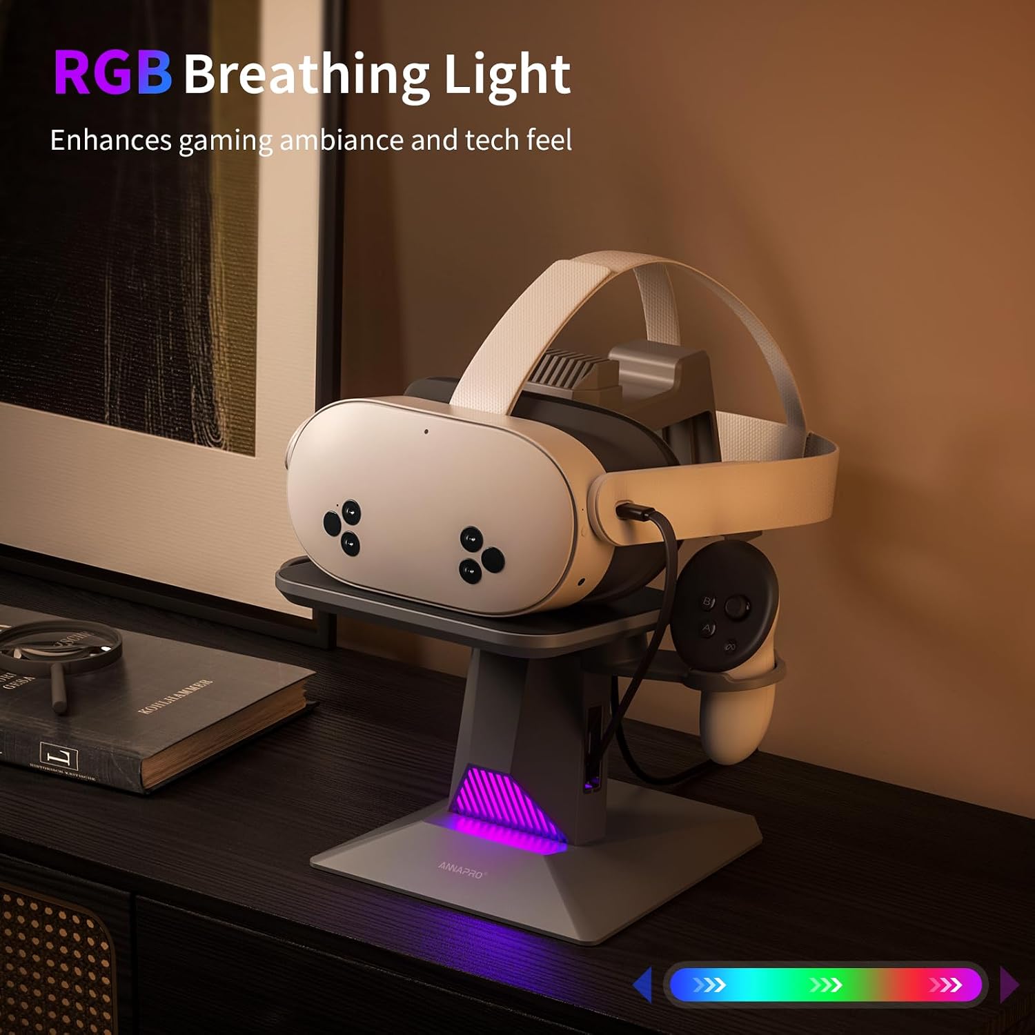 Detalle de ANNAPRO CD1 Charging Dock for Meta Quest 3S/3 and Quest 2 with Retractable Cable and RGB Lighting