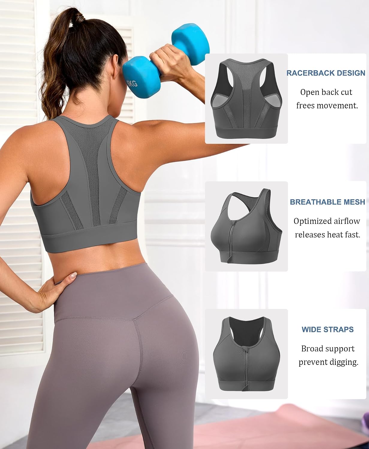 Detalle de JoyGirl High-Impact Sports Bra with Front Zip and Racerback