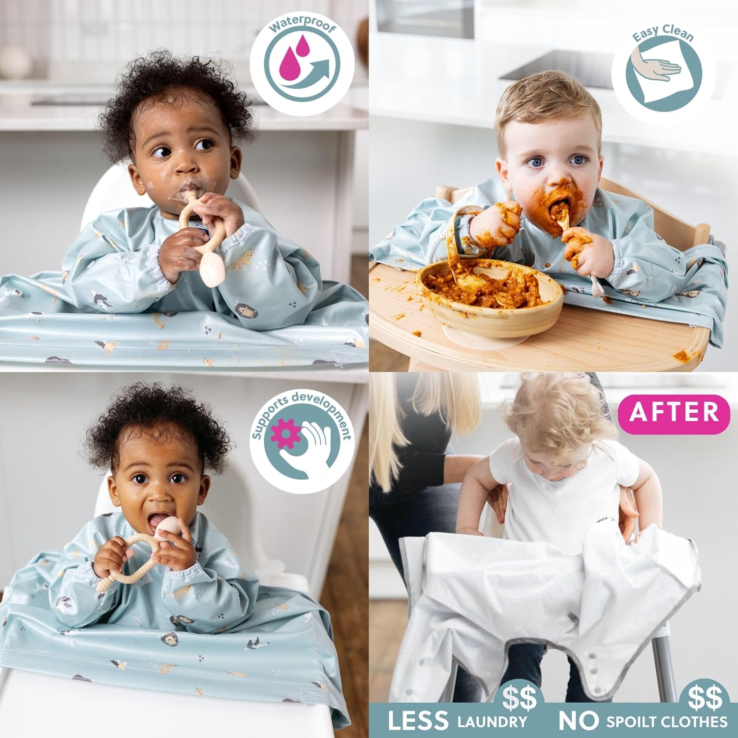 Detalle de BIBaDO Long Sleeve Baby Bibs (6–36 months) – Waterproof coverall weaning bib