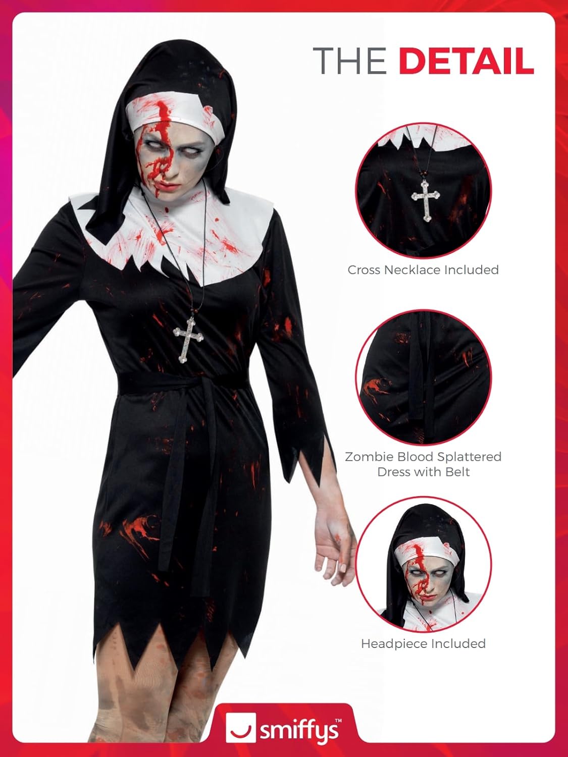 Thumbnail 4 de Smiffys Damen Zombie Ordensschwester Kostüm – Kleid, Kopftuch, Gürtel und Kreuzkette, schwarz