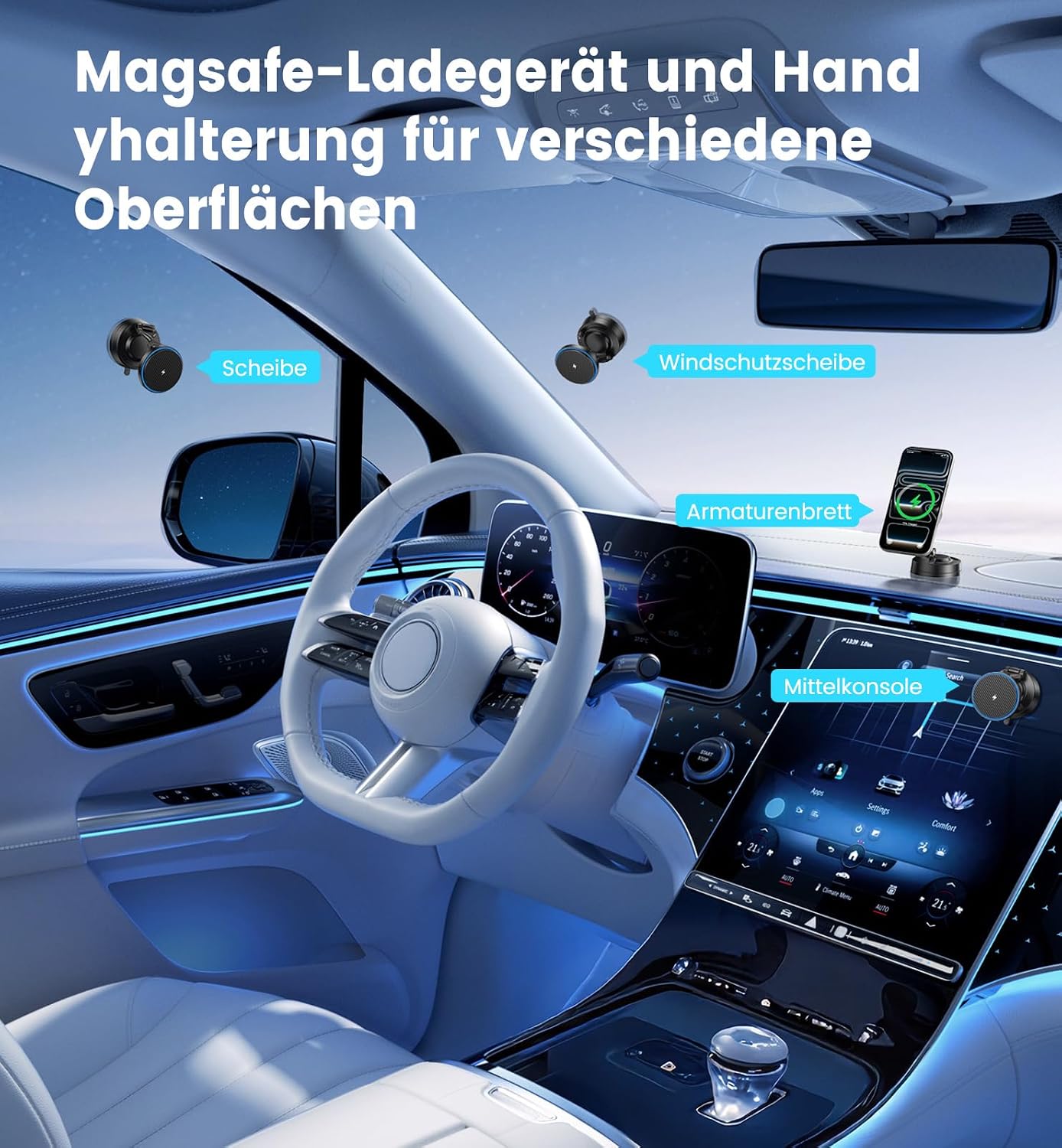 Detalle de OANDYS MagSafe Car Mount Charger 15W – Fast Wireless, 360° Spin, Strong Vacuum & Magnetic Hold