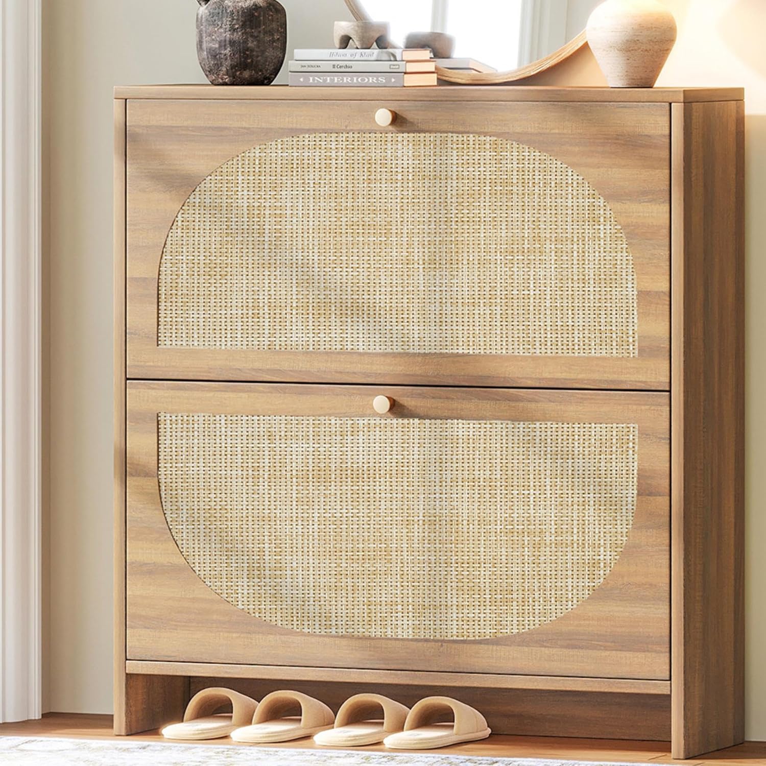 Detalle de Nicetree 2-280CH Rattan Shoe Cabinet, 9.5" Slim, 2 Flip Drawers