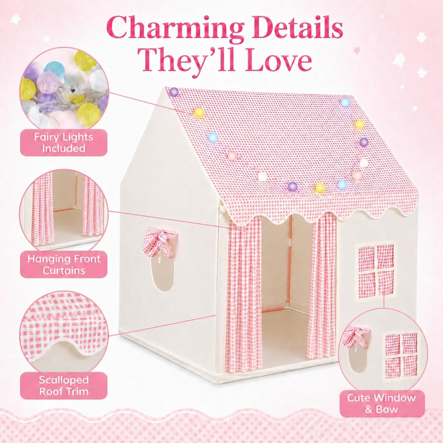 Detalle de ALLmeter BY046 Kids Play Tent with Lights, Pink Polyester and Metal Frame