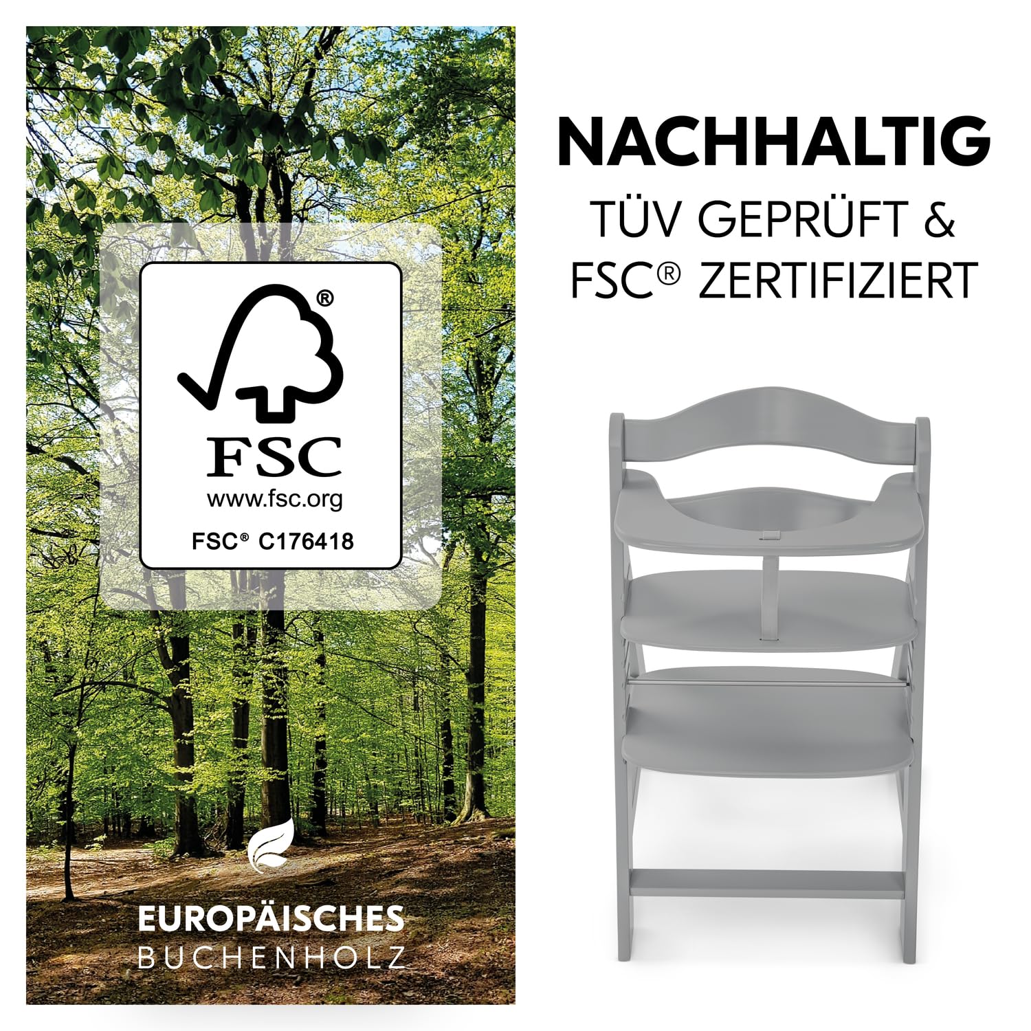 Detalle 2 de hauck Alpha+ Grey – Mitwachsender Holzhochstuhl aus Buche, bis 90 kg, inkl. 5-Punkt-Gurt und Zubehör