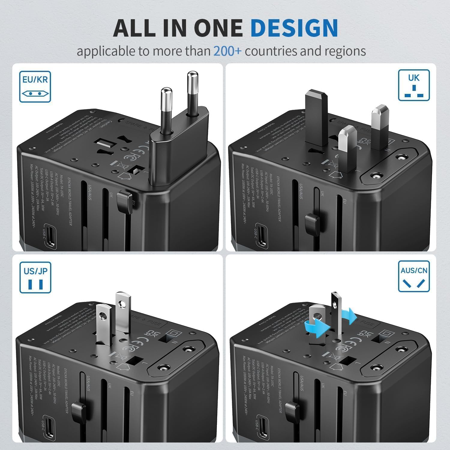 Detalle de EPICKA Adattatore Universale da Viaggio 30W: 6in1 con USB-C e USB-A, spina per oltre 200 paesi