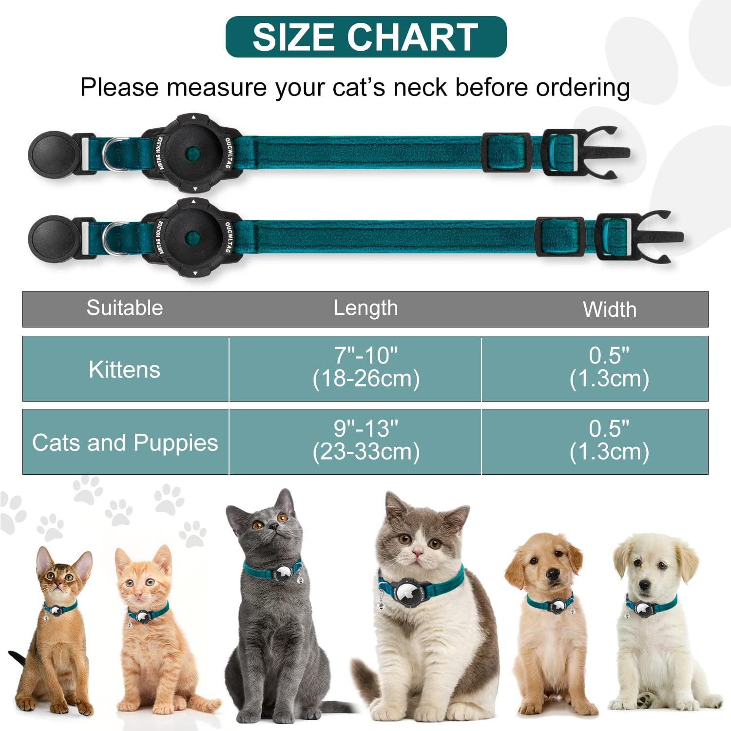 Detalle de OUCWLTAG AirTag対応猫用首輪 ブルー、夜光ホルダー付き・ベルベット素材・9〜13インチ