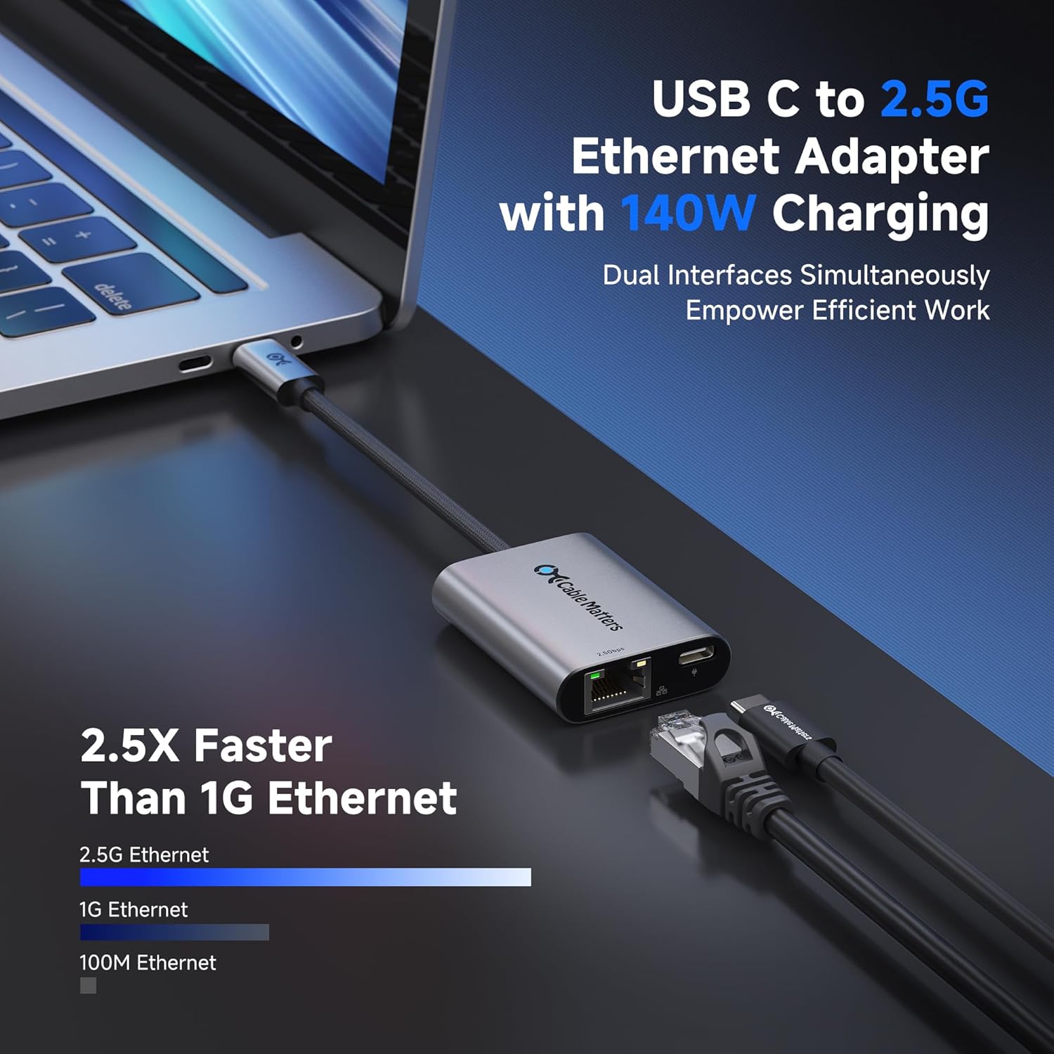 Thumbnail 1 de Cable Matters USB C to 2.5Gb Ethernet Adapter with 140W Charging
