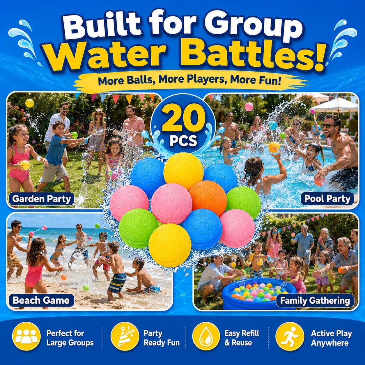 Detalle de Wiederverwendbare Wasserbomben – Schnell befüllbare Wasserbälle (10 Stück) für Garten, Strand & Pool