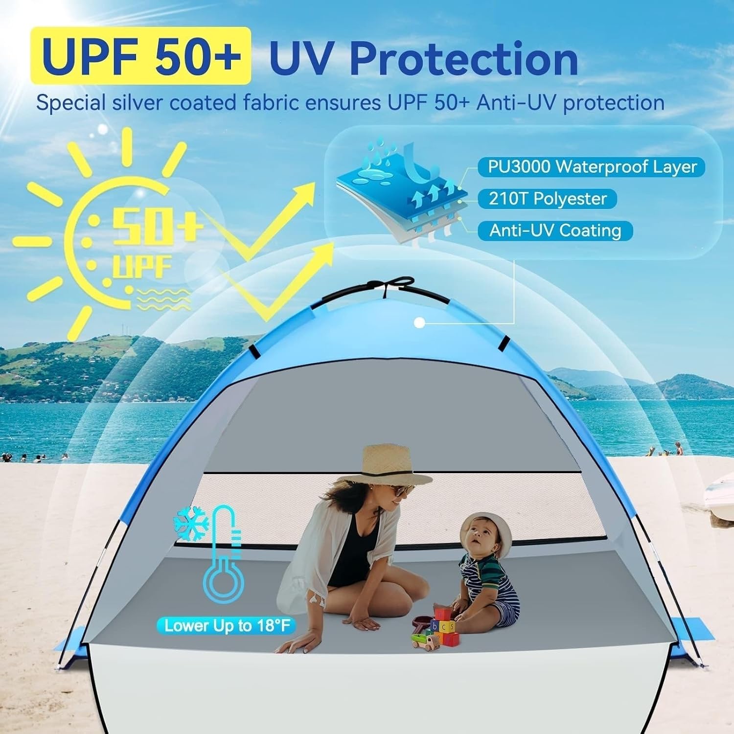 Detalle de Beach Shelter with UV Protection UPF 50+ — Small Beach Tent for 2–3 People