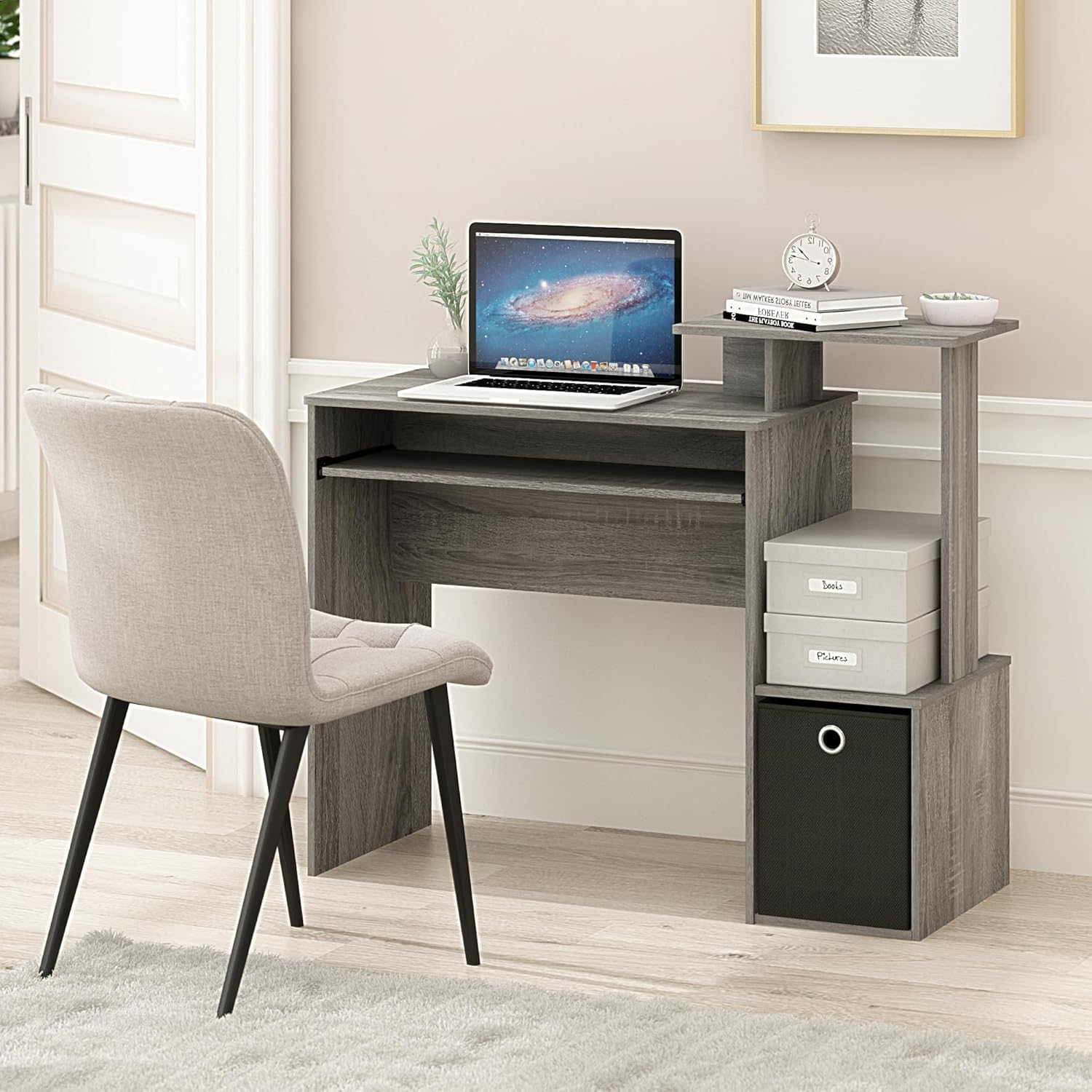 Detalle de Furinno ECON Scrivania da Gaming con Vassoio Tastiera in Grey Oak - 100 cm