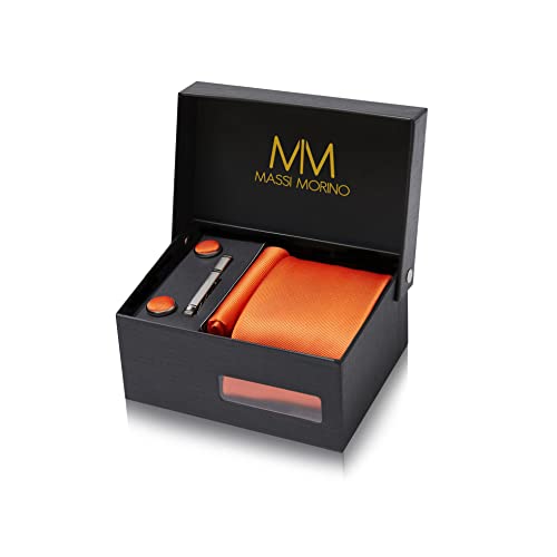 Detalle de Massi Morino Corbata Naranja con Pañuelo a Juego 5 en 1 – Set Hombre para Boda