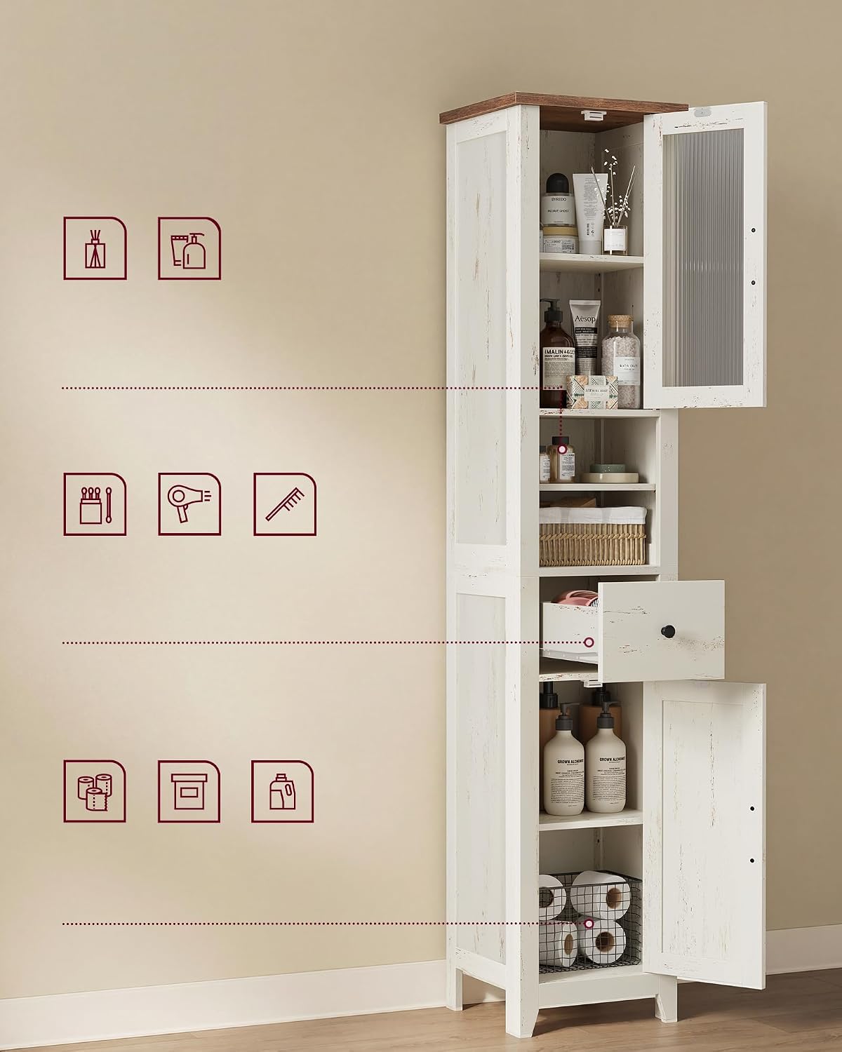Thumbnail 6 de VASAGLE LIRY BBK660W101 Tall Bathroom Cabinet, Reversible Doors, White and Honey Brown