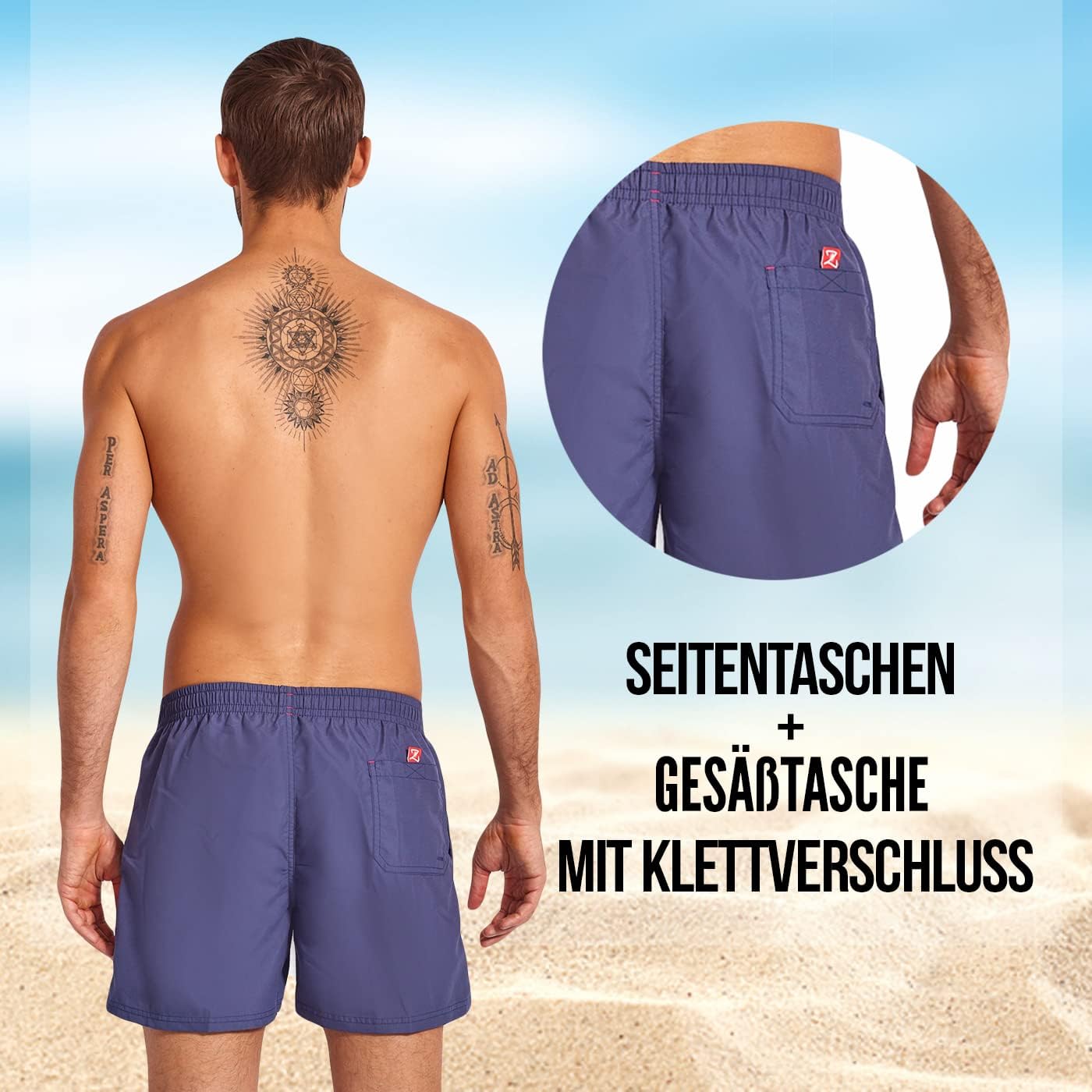 Detalle 2 de Zagano Herren-Badeshorts schnelltrocknend mit Mesh-Taschen, EU-Produktion – S bis 6XL