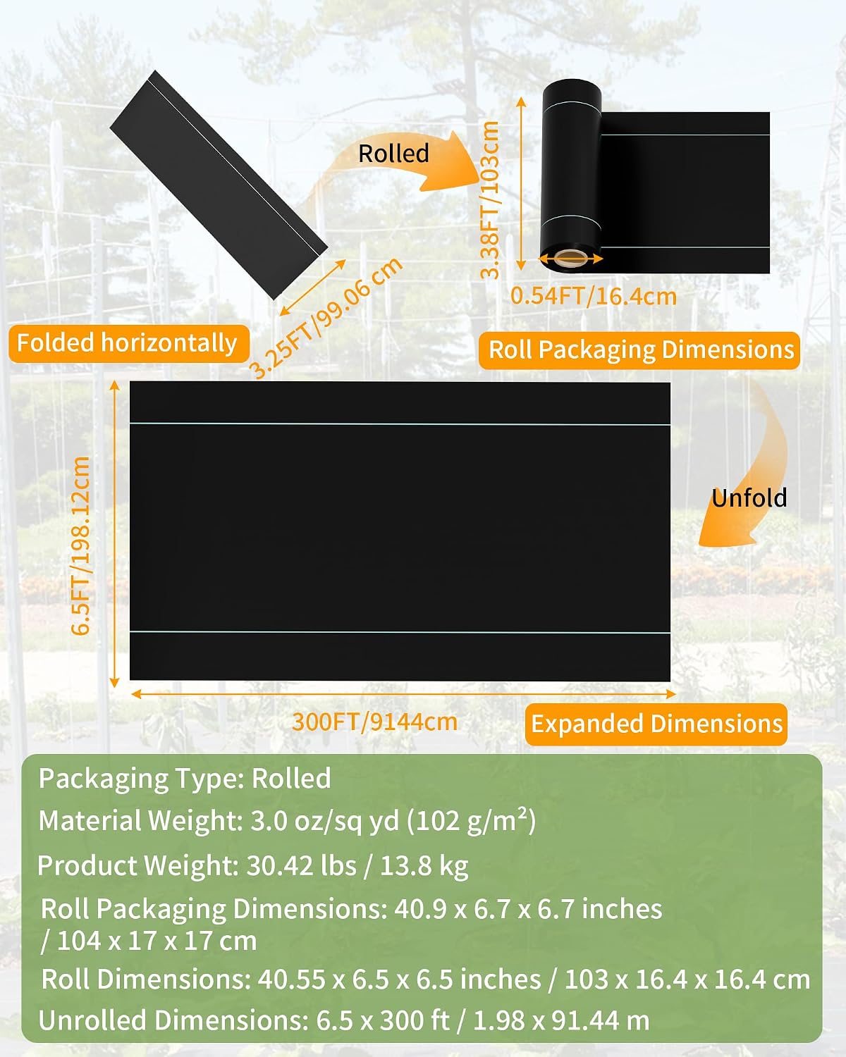Detalle 2 de Pterying S-GPC-3OZ0BK Weed Barrier Fabric, 6.5 x 300 ft, 3 oz Woven Polypropylene
