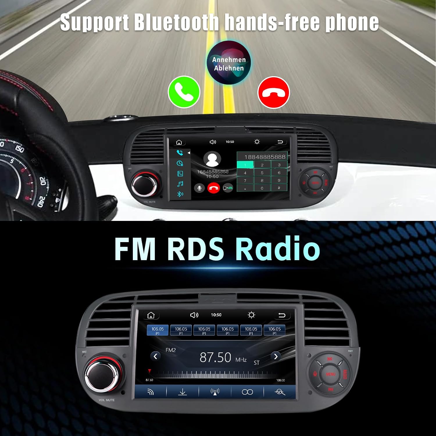 Detalle de Autoradio per Fiat 500 2007-2015 con Car Play/Android Auto wireless, SWC, USB e Mirror Link