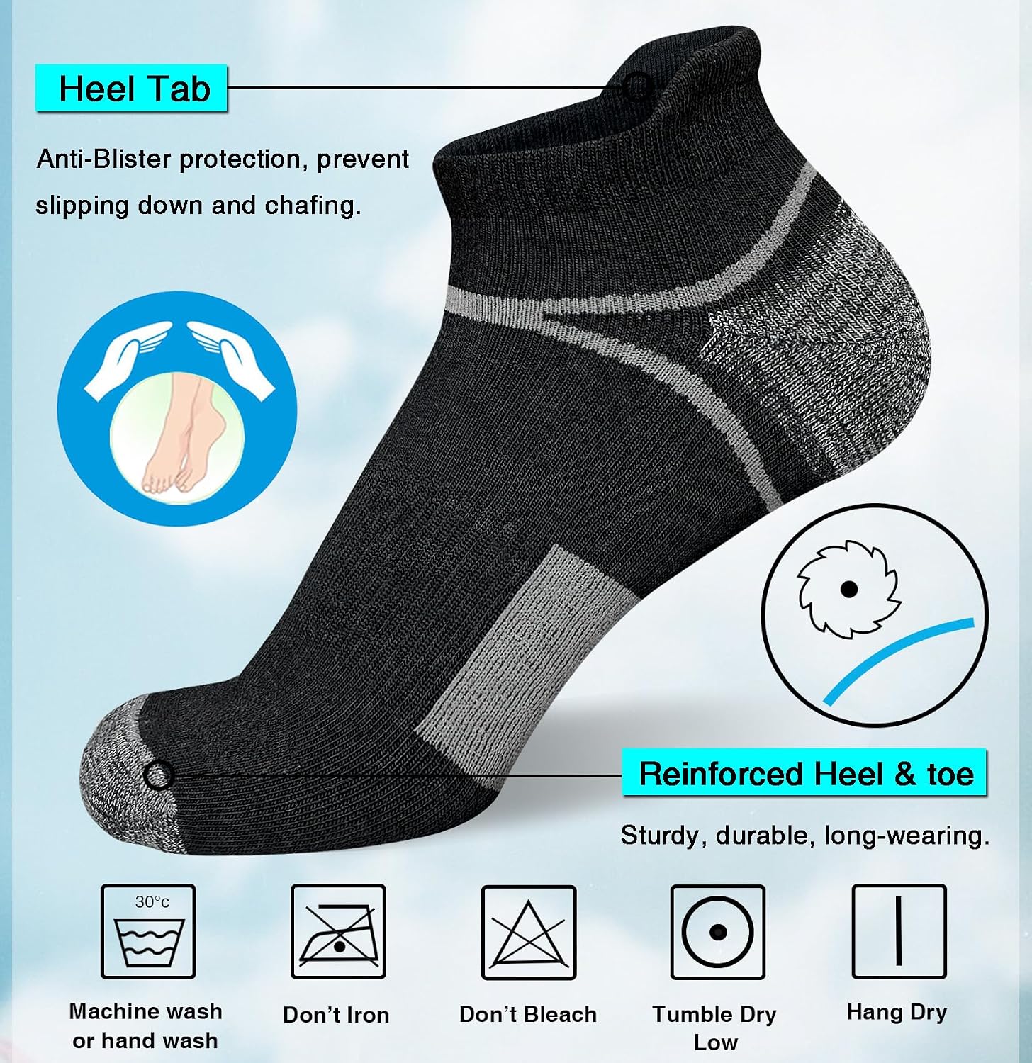 Detalle 2 de suaskk Men’s Athletic Cushioned Ankle Socks (5 Pairs) for Anti-Blister, Wicking Comfort