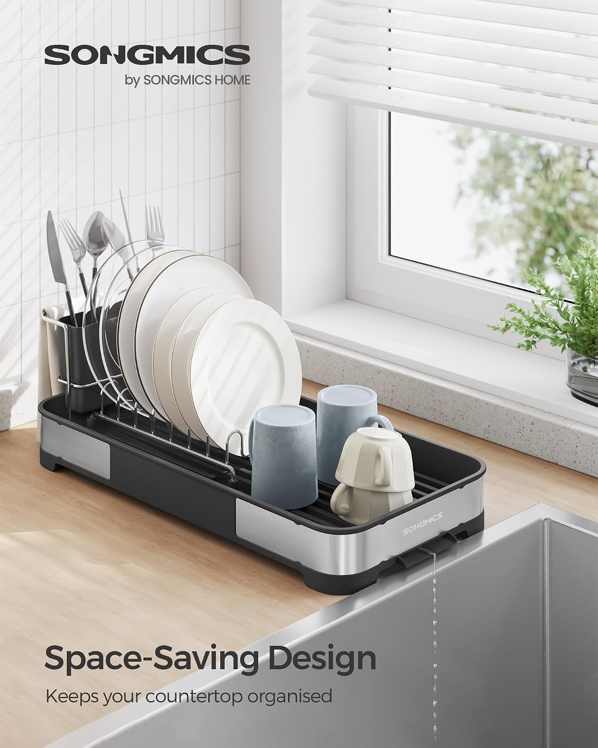 Detalle 2 de SONGMICS KCS034B01 Small Dish Drainer in Stainless Steel, with Drip Tray