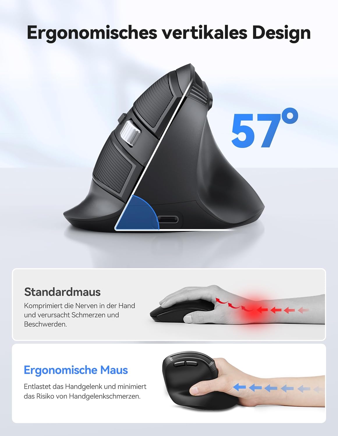 Detalle de TECKNET Ergonomische vertikale Maus Bluetooth – kompakte Lösung für Rechtsanwender mit bis zu 4800 DPI