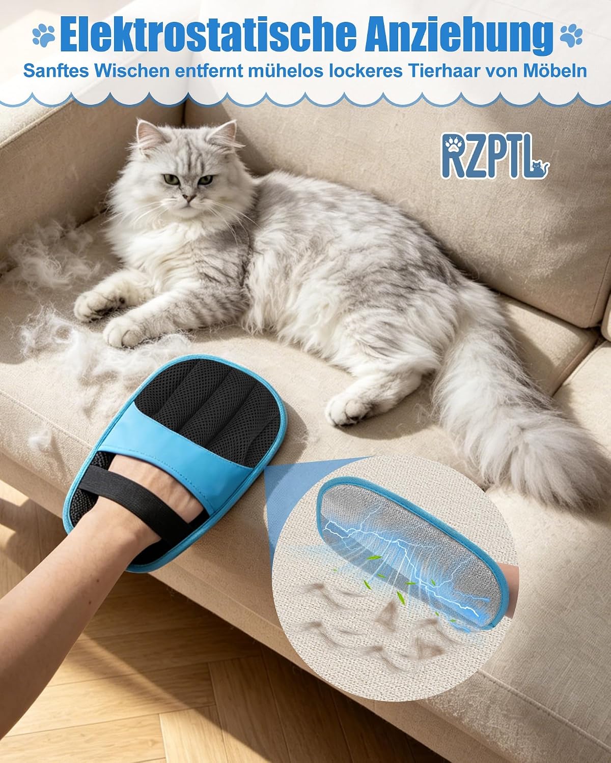 Detalle 2 de 2er Pack Tierhaarentferner Handschuh – Fell Magnet für Hunde & Katzen (Blau)