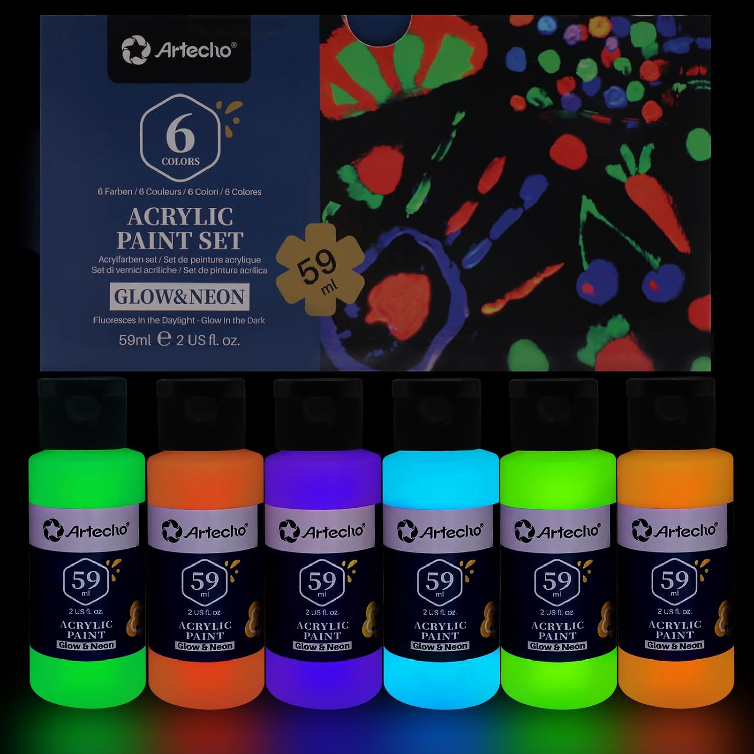 Detalle de Artecho pinturas acrílicas fluorescentes 6×59 ml