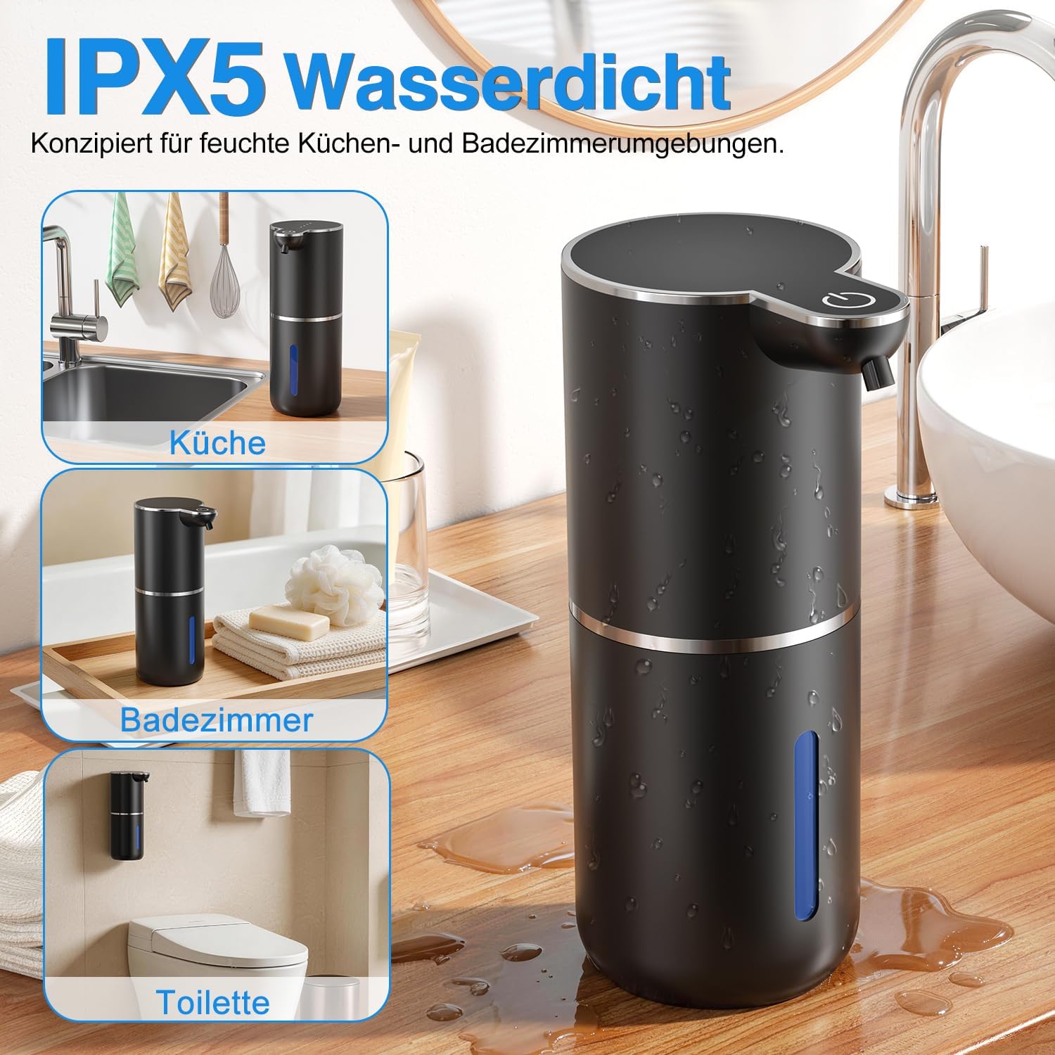 Detalle de Seifenspender Automatisch für Schaum – Berührungslos, 380 ml, IPX5, USB aufladbar