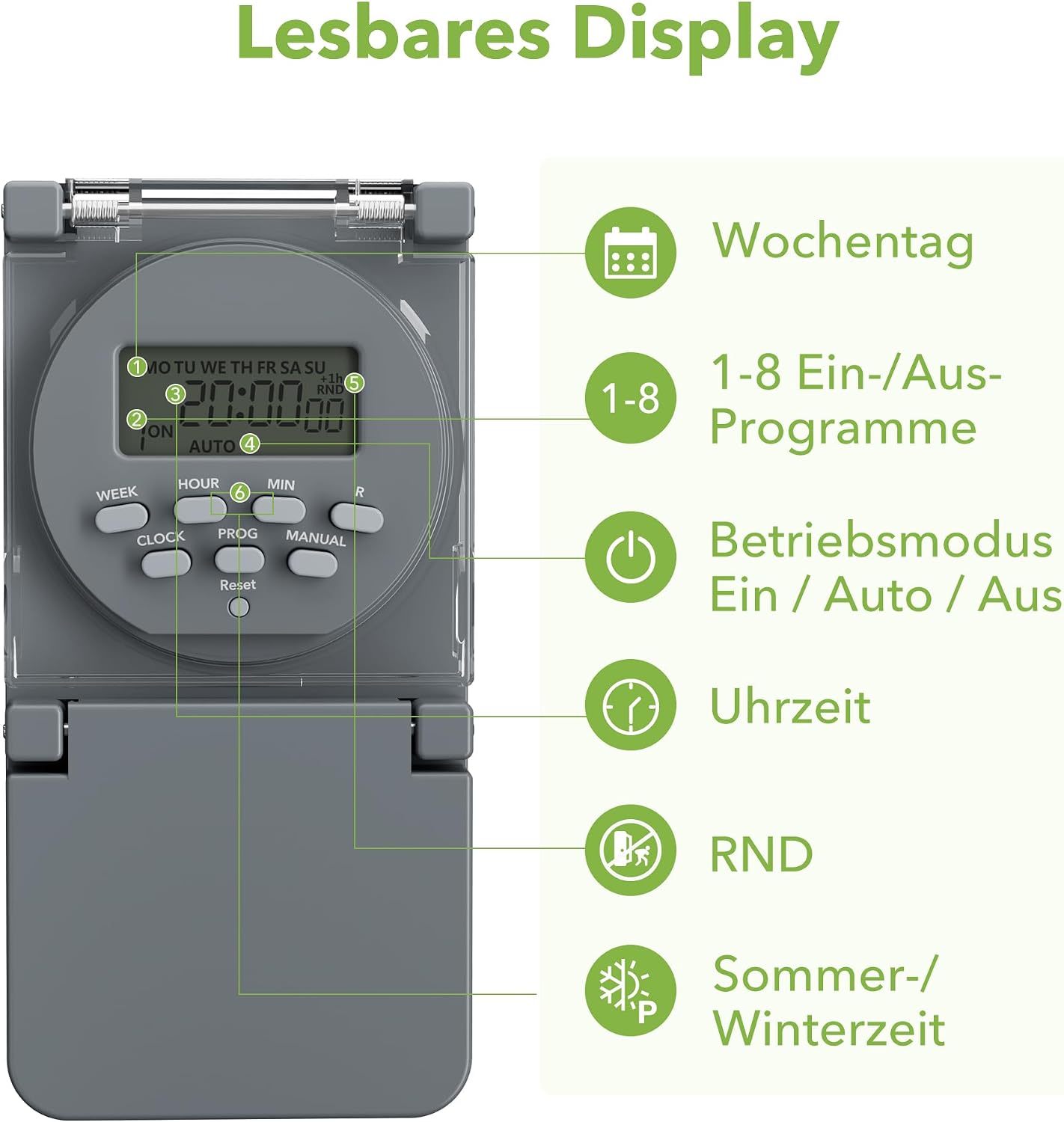 Detalle 2 de HBN 2er Digitale Zeitschaltuhr Steckdose Aussen IP44 – 8 Programme, Zufallsfunktion & Backup-Akku