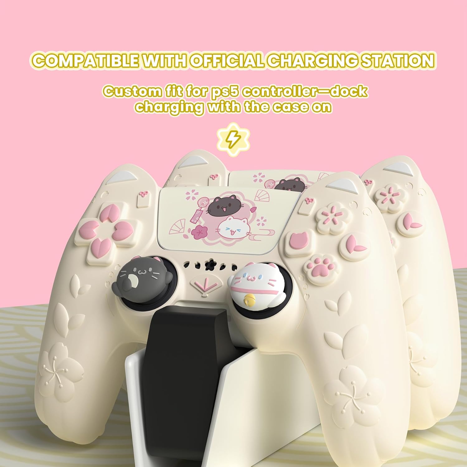 Thumbnail 1 de PlayVital Cherry Blossoms Kitten Anti-slip PS5 Controller Cover Skin