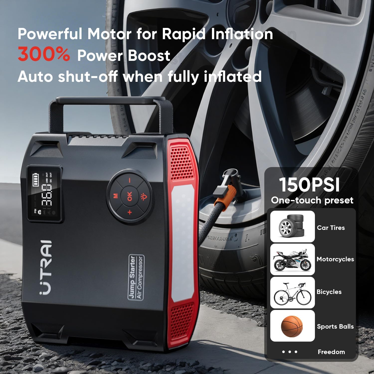 Detalle de UTRAI 27000mAh Car Jump Starter Power Bank with Air Compressor and 1600 Lumen LED – All-in-One Portable Power for Vehicles