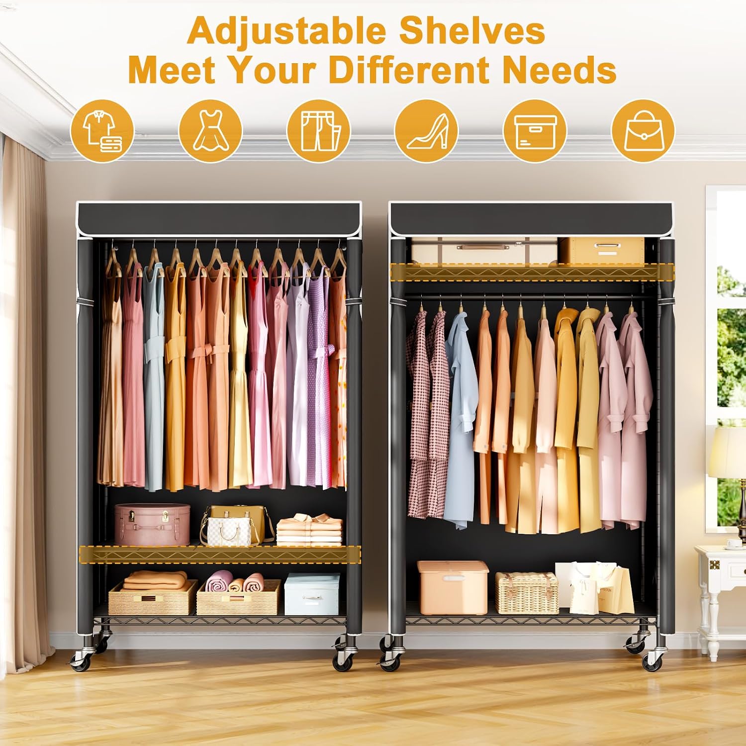 Detalle de ULIFHOME P6C Rolling Clothes Rack with Cover (Max Load 365 lbs) — Black