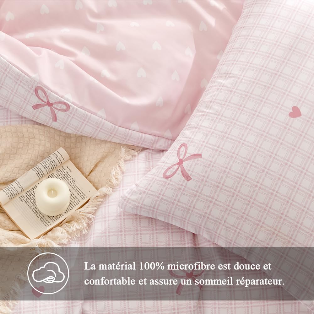 Thumbnail 4 de Housse de couette Freyamy 140x200 à carreaux vichy rose (microfibre) avec taie 65x65 cm et fermeture éclair