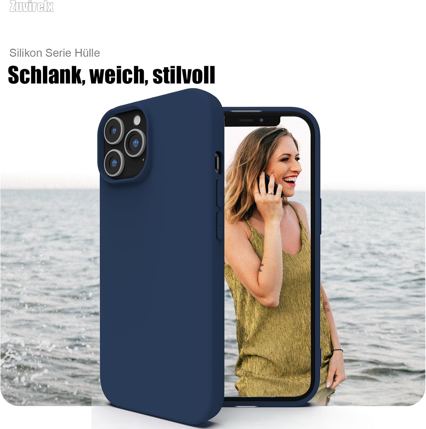 Detalle 2 de Zuvirelx Silikon-Handyhülle für iPhone 13 Pro – Dunkelblau, dünn, rutschfest und stoßfest