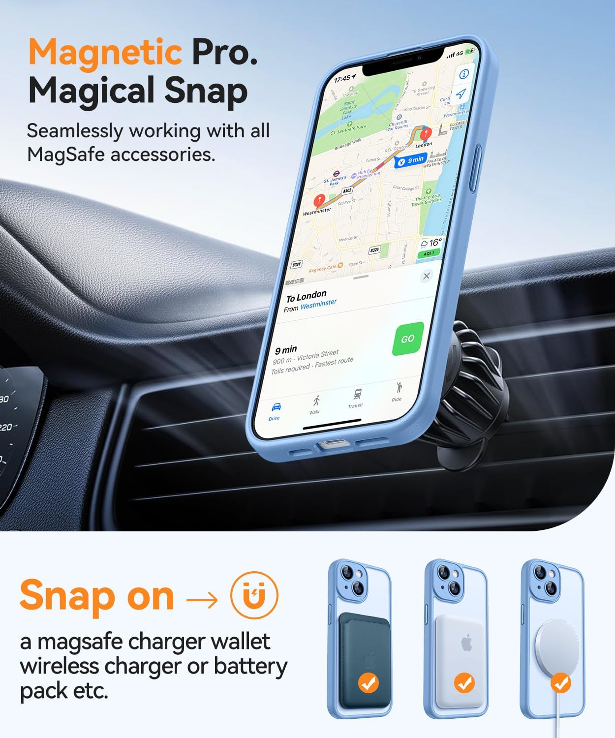 Detalle de CANSHN Magnetic iPhone 13 Case (6.1") with full camera protection, MagSafe compatibility and matte translucent finish – Light Blue