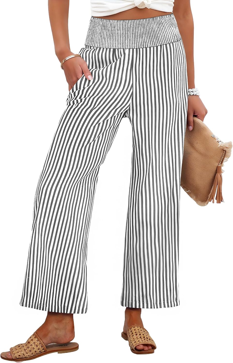 Detalle de ANRABESS Striped Gingham Palazzo Pants — High-Waisted, Cropped Wide-Leg Lounge Bottoms
