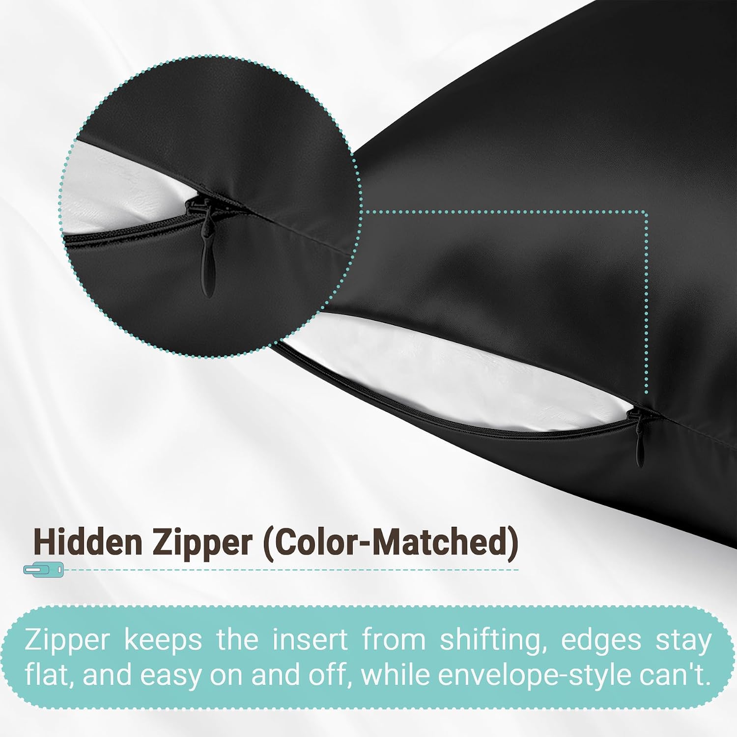 Detalle de Gabire Mulberry Silk Pillow Cases (Set of 2) with Hidden Zipper, Black, Standard 20"×26