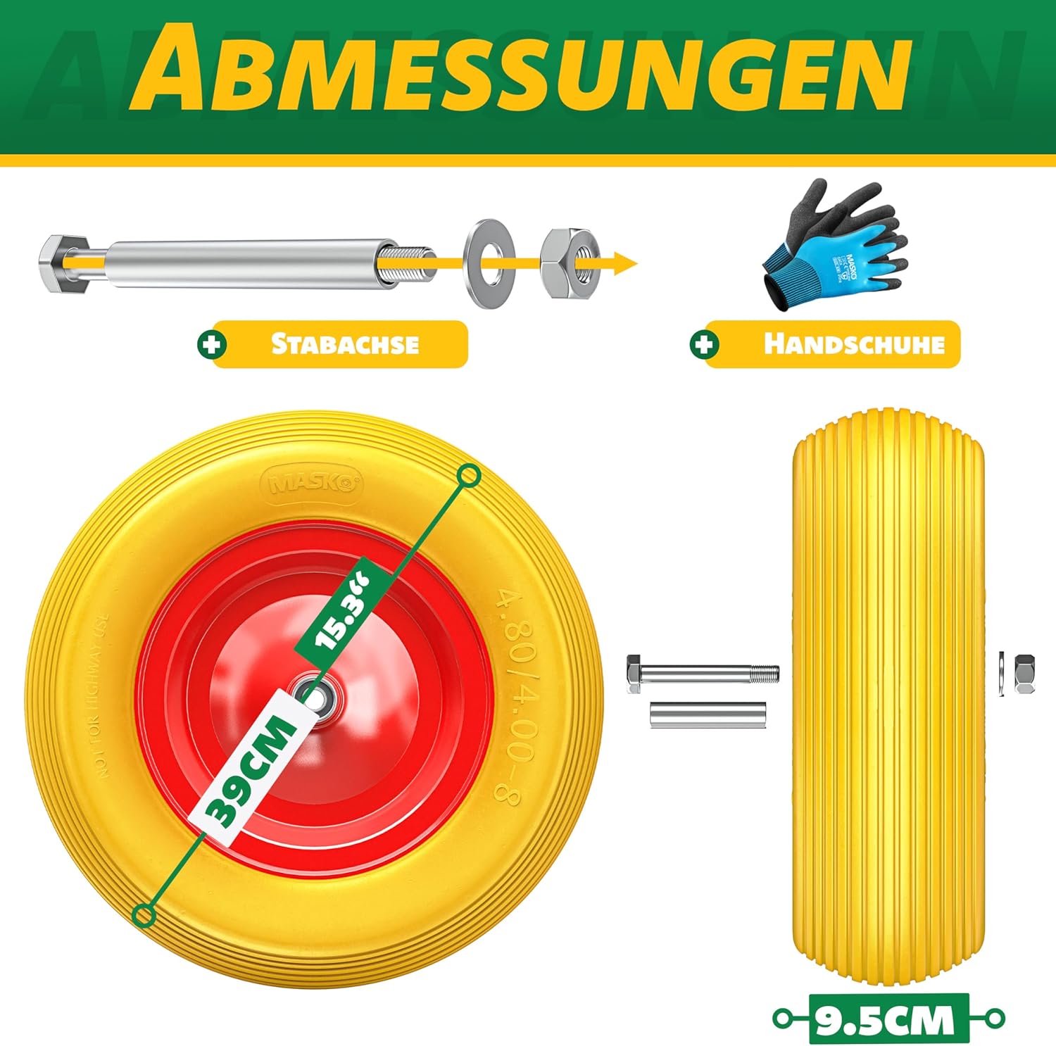 Thumbnail 6 de MASKO PU-Schubkarrenrad Vollgummi 200 kg | Ø 390 mm, 4.80/4.00-8, Stahlfelge